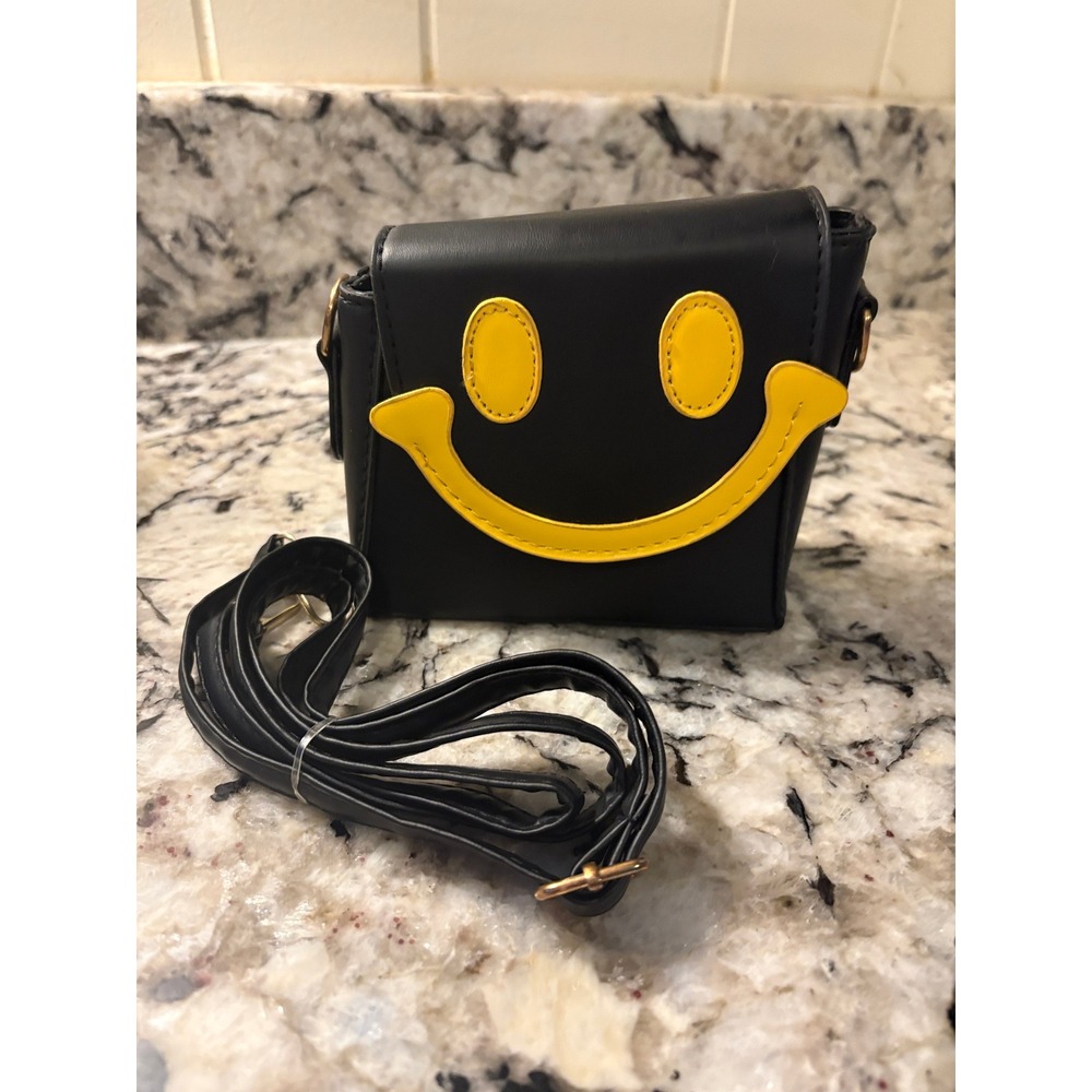 Mini Asymmetrical Crossbody Bag Small Black Yellow Smiley Face Kidcore Retro